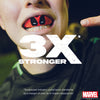 Close-up of a child's mouth with red and black object, text '3X Stronger' and Marvel logo.
