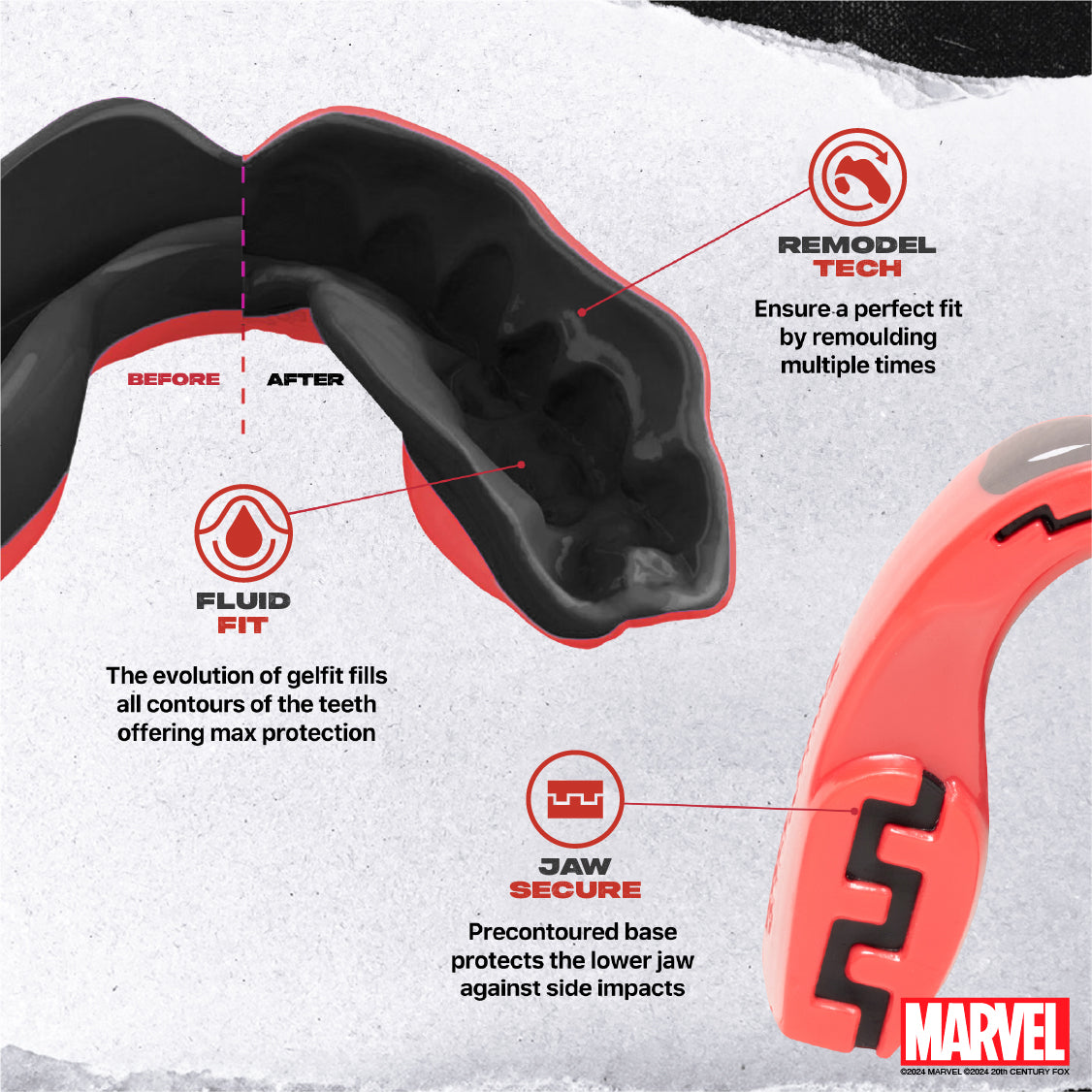 Product illustration with 'Before' and 'After' comparison of a jaw guard, featuring Marvel branding.