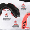 Product illustration with 'Before' and 'After' comparison of a jaw guard, featuring Marvel branding.
