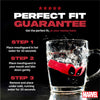 Mouthguard in a glass of water with Marvel branding and step-by-step instructions on a black background.