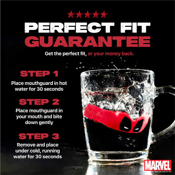 Mouthguard in a glass of water with Marvel branding and step-by-step instructions on a black background.