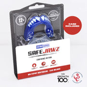 SafeJawz mouthguard packaging with blue mouthguard inside, on a white background.