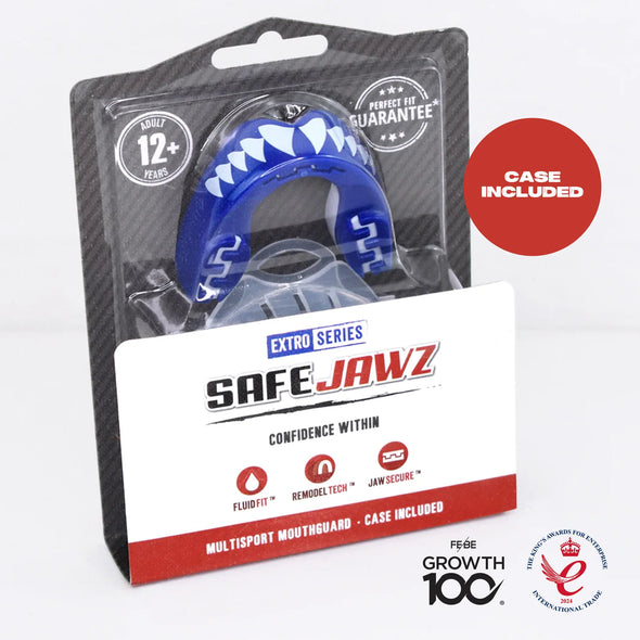 SafeJawz mouthguard packaging with blue mouthguard inside, on a white background.