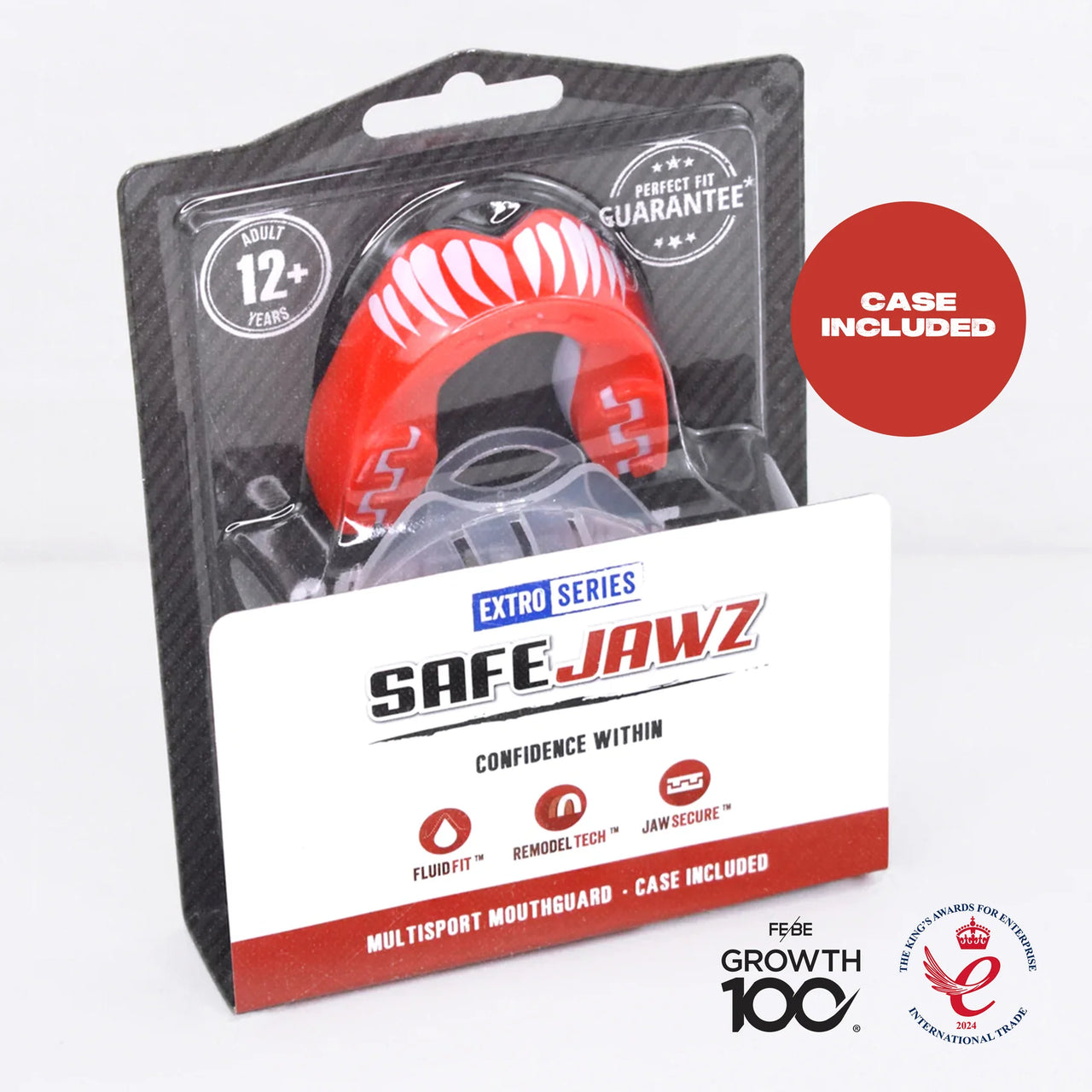 Packaged SafeJawz mouthguard with clear and red design on a white background