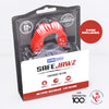 Packaged SafeJawz mouthguard with clear and red design on a white background