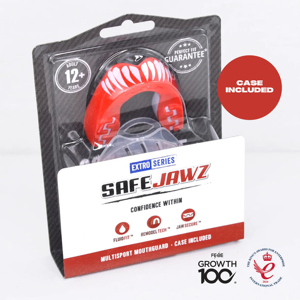 Packaged SafeJawz mouthguard with clear and red design on a white background