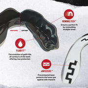 SafeJawz Extro Series “Mo” self-fit mouthguard in white & black with bold design