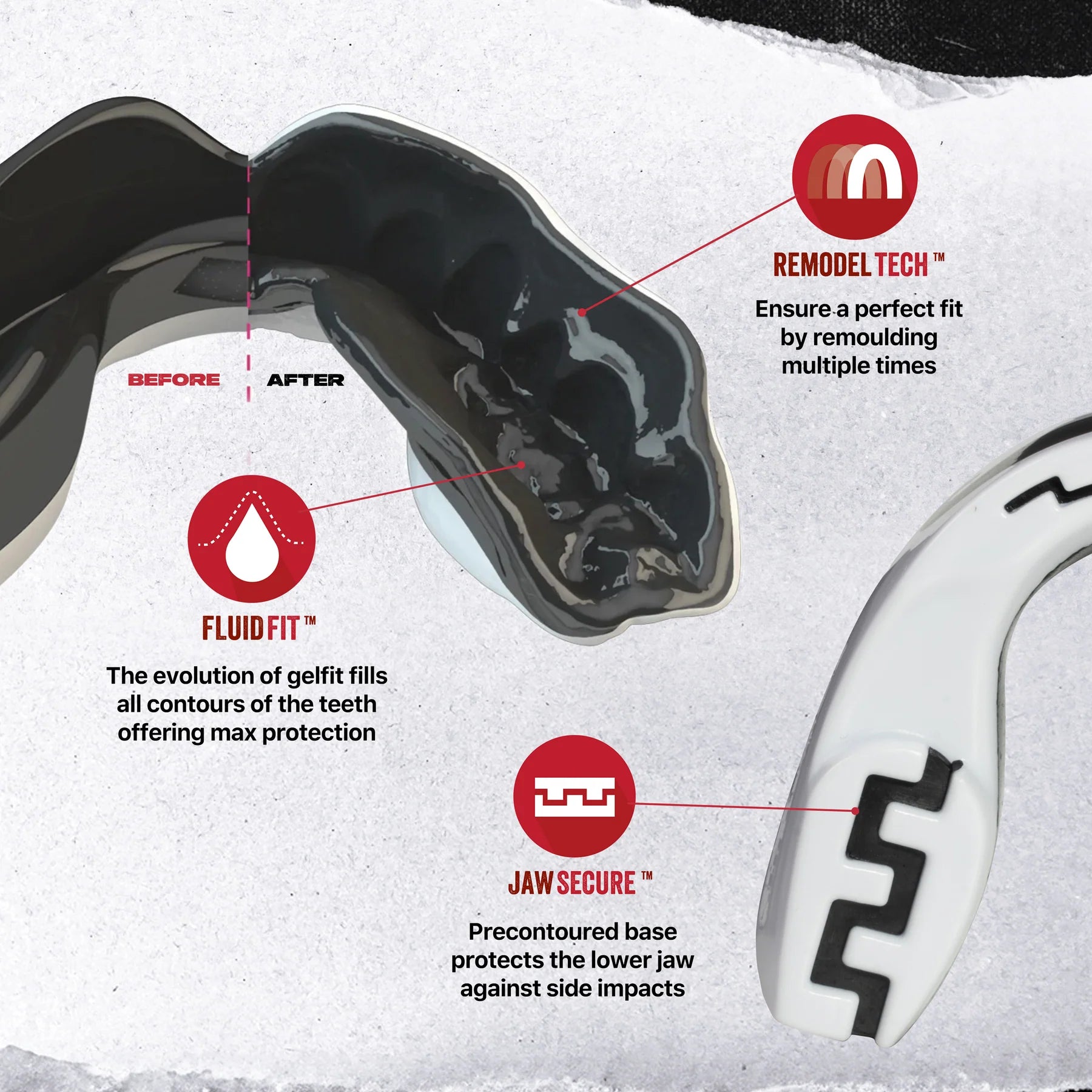 SafeJawz Extro Series “Mo” self-fit mouthguard in white & black with bold design