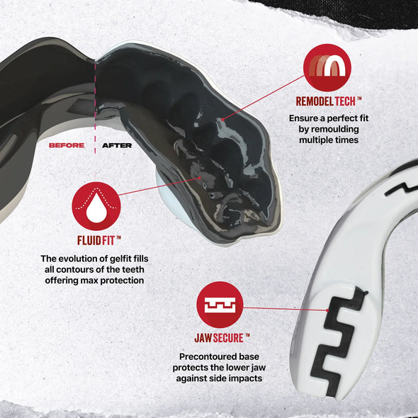 SafeJawz Extro Series “Mo” self-fit mouthguard in white & black with bold design