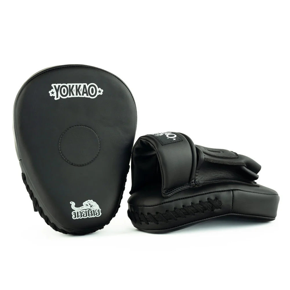 Black boxing focus mitts with Yokkao logo on a white background