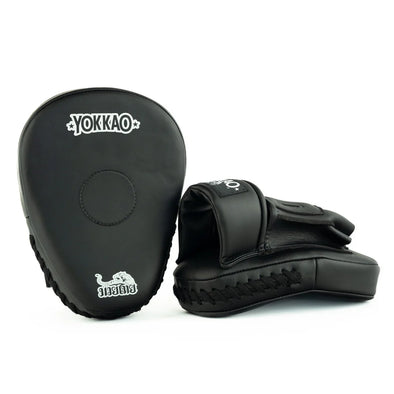 Black boxing focus mitts with Yokkao logo on a white background