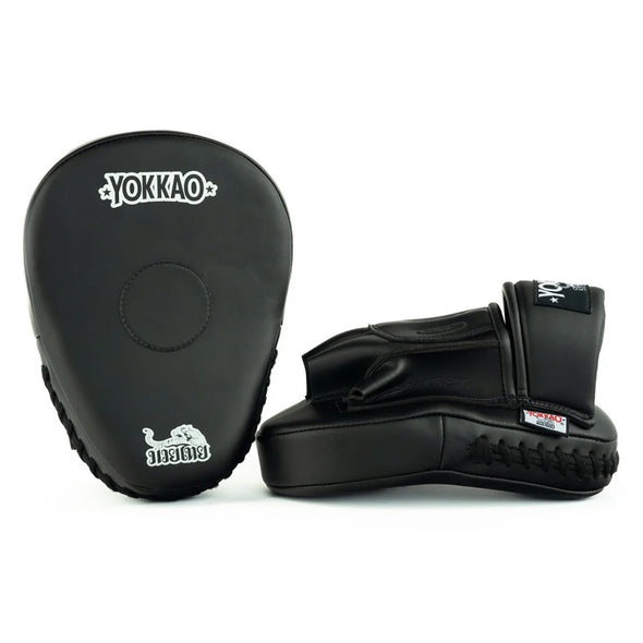 Black boxing mitts with 'Yokkao' branding on a white background