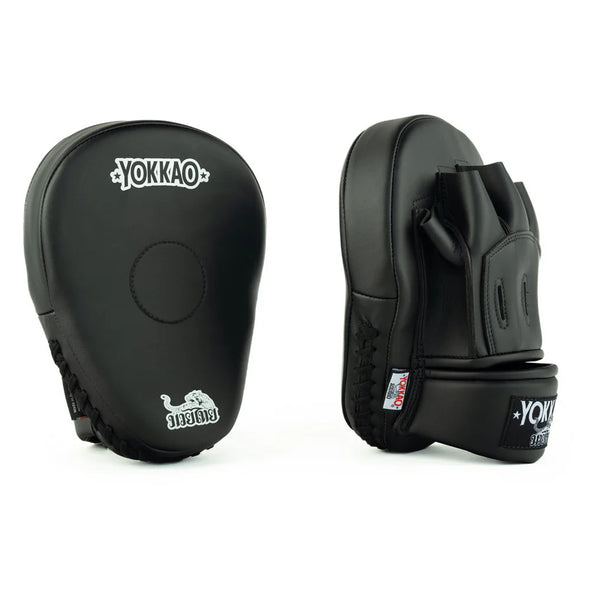 Black martial arts training pads with Yokkao branding on a white background