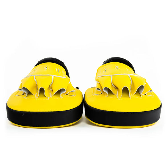 Pair of yellow and black shoes on a white background