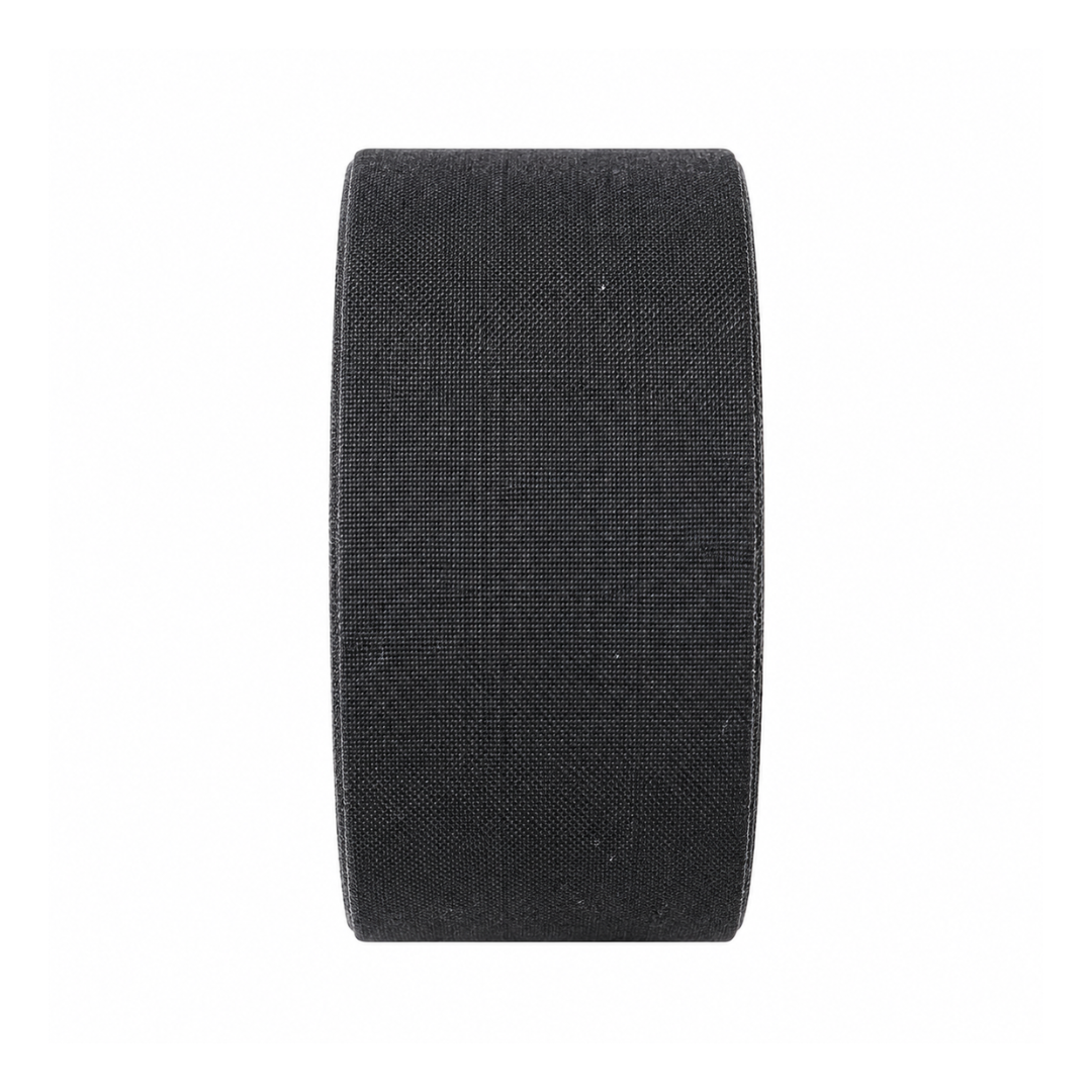 A roll of black elastic band with a textured, woven appearance, shown vertically against a plain white background.