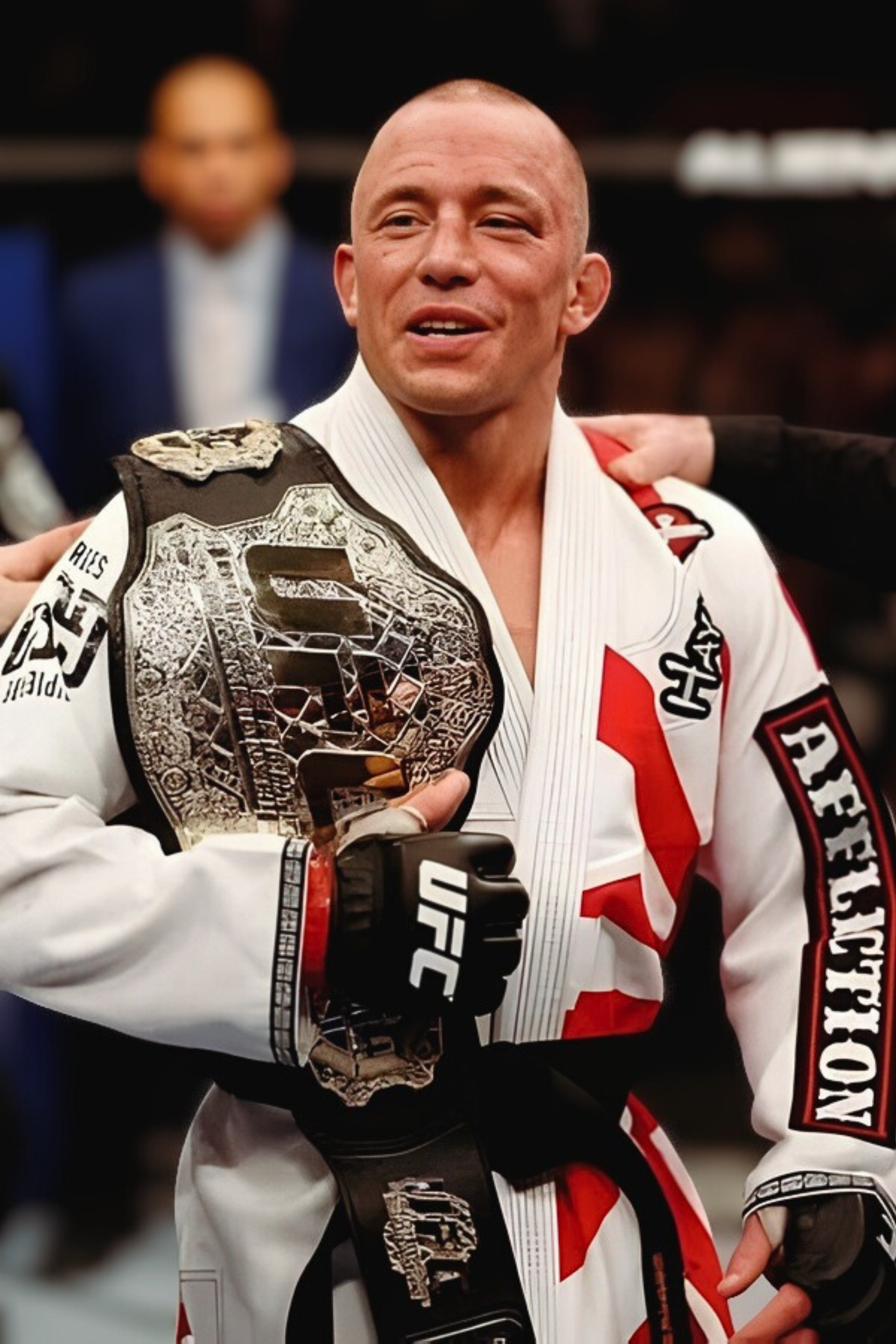 Person in a white martial arts uniform holding a championship belt with 'UFC' branding.