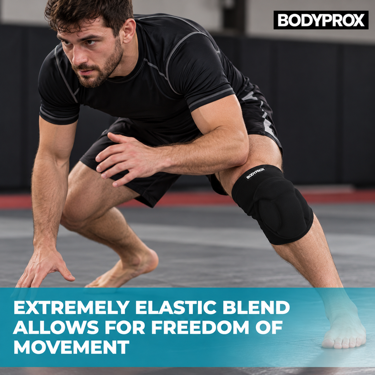 A man in a black athletic shirt and shorts crouches on a gym floor wearing a black BodyProx knee support sleeve. A blue banner at the bottom reads 'EXTREMELY ELASTIC BLEND ALLOWS FOR FREEDOM OF MOVEMENT' and the BodyProx logo appears in the top right corner.