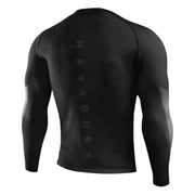 Black long-sleeve athletic shirt with 'Hayabusa' branding on the back against a white background