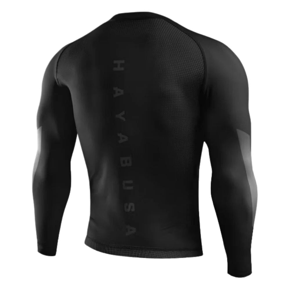 Black long-sleeve athletic shirt with 'Hayabusa' branding on the back against a white background