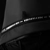 Close-up of a black belt with 'HAYABUSA' branding on a dark background