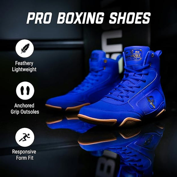 Blue boxing shoes with features highlighted on a dark background