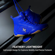 Blue boxing boots on a black background with text about lightweight design.