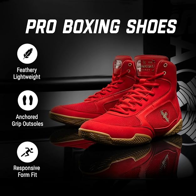 Red boxing shoes with features highlighted on a dark background