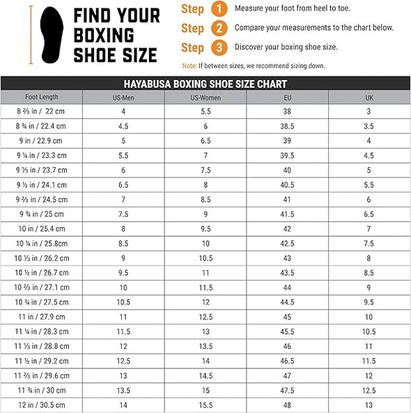 Hayabusa boxing shoe size chart for men and women