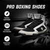 Black and white boxing shoes with features listed on a dark background