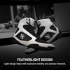 Pair of black and white high-top sneakers with a featherlight design label.