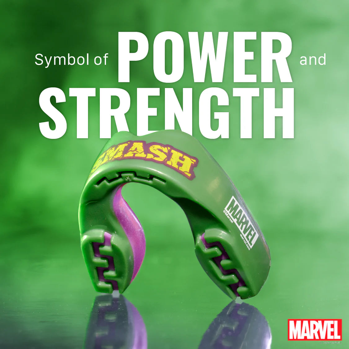 Green and purple mouthguard with 'Marvel' branding on a green background, featuring text about power and strength.