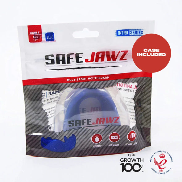 Safe Jawz mouthguard packaging with blue mouthguard inside, on a white background