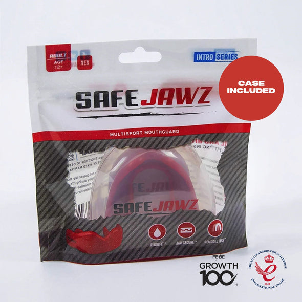 Package of Safe Jawz mouthguard with visible branding and product inside.