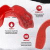 Red dental guard with features labeled on a white background