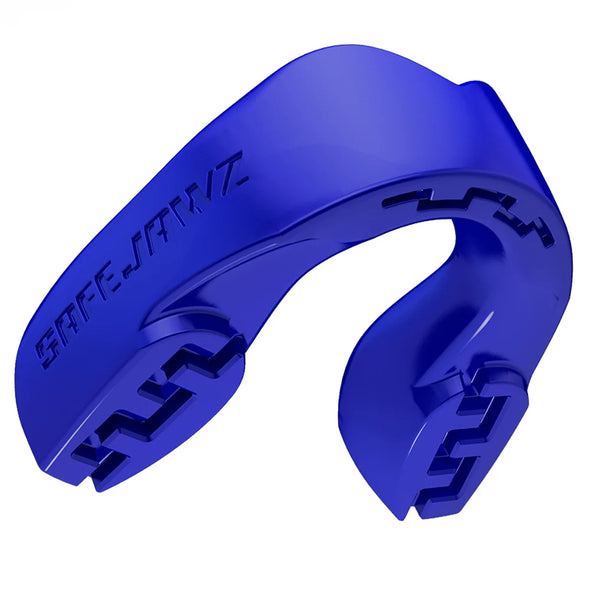 Blue dental impression tray with 'Safeguard' branding on a white background