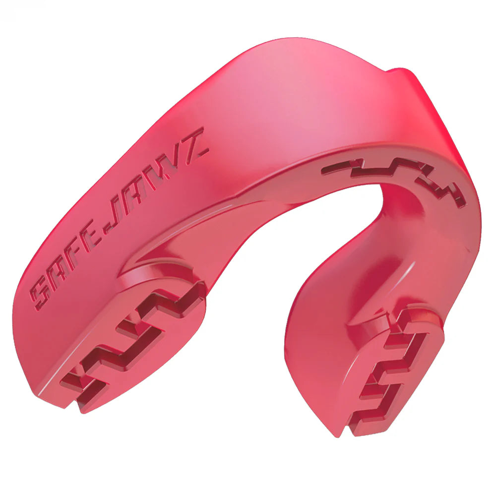 Red SAFEJAWZ mouthguard on a white background
