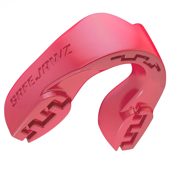 Red SAFEJAWZ mouthguard on a white background