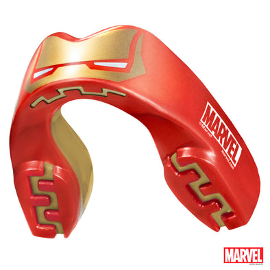 Red and gold mouthguard with Marvel logo on a white background