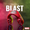Red and yellow Marvel toy with text 'This one's a BLAST' on a reflective surface.