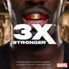 Person with Iron Man visor and '3X Stronger' text, featuring Marvel logo.