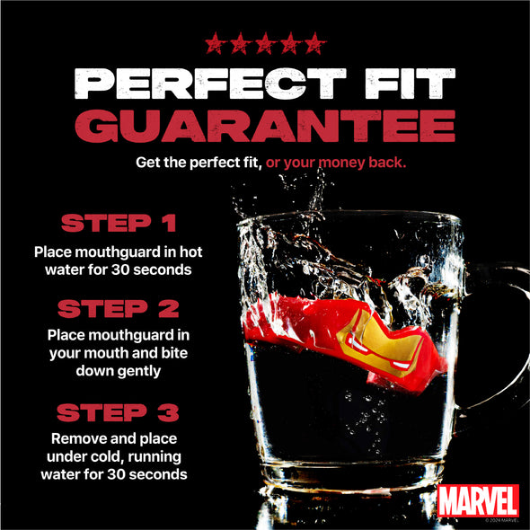 Mouthguard packaging with steps for use and Marvel logo on a black background
