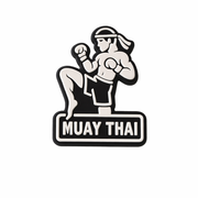 Black and white Muay Thai logo with a boxer on a white background