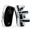 Black and white martial arts training pads with visible branding on a white background