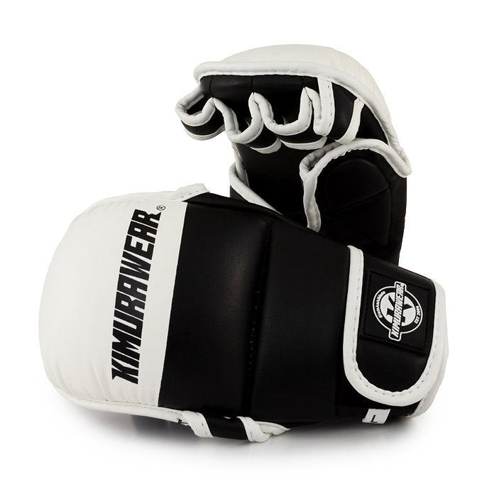 Black and white boxing gloves with brand logo on a white background