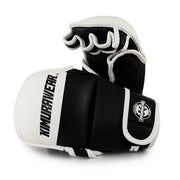 Black and white boxing gloves with brand logo on a white background
