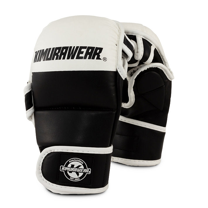 Black and white martial arts gloves with Kimurawear branding on a white background