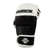 Black and white shin guard with 'Kumurawear' branding on a white background