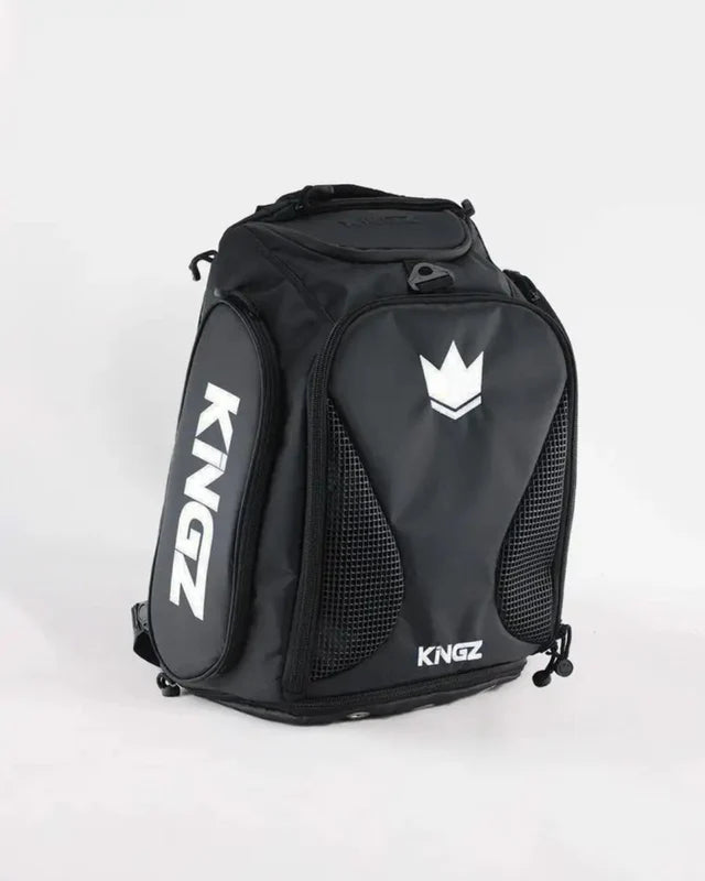 Black backpack with 'KNGZ' branding on a white background