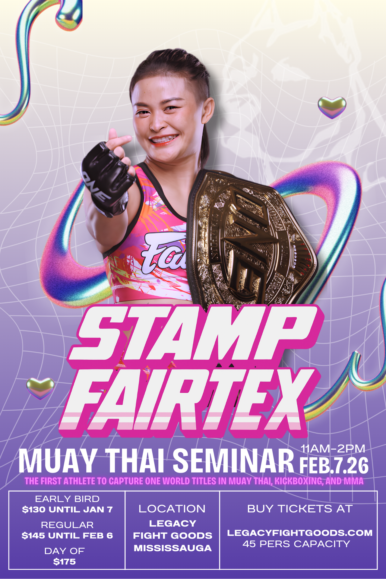 Promotional poster for Stamp Fairtex Muay Thai Seminar with a woman holding a championship belt.