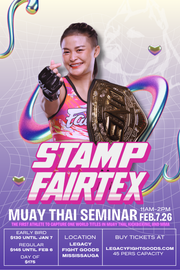 Promotional poster for Stamp Fairtex Muay Thai Seminar with a woman holding a championship belt.